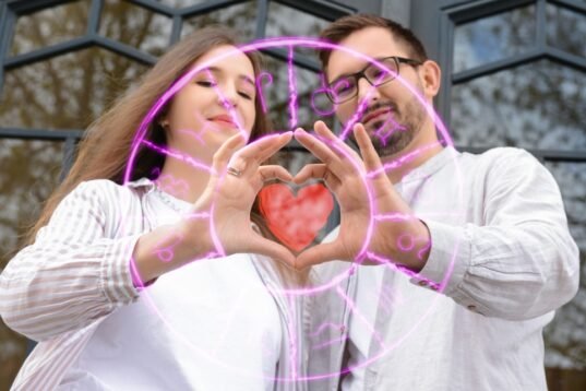 Drawn,Zodiac,Signs,And,Young,Couple,Making,Heart,With,Their